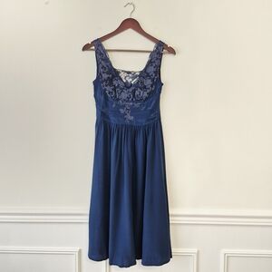 Anthropologie Navy Embroidered Midi Dress
